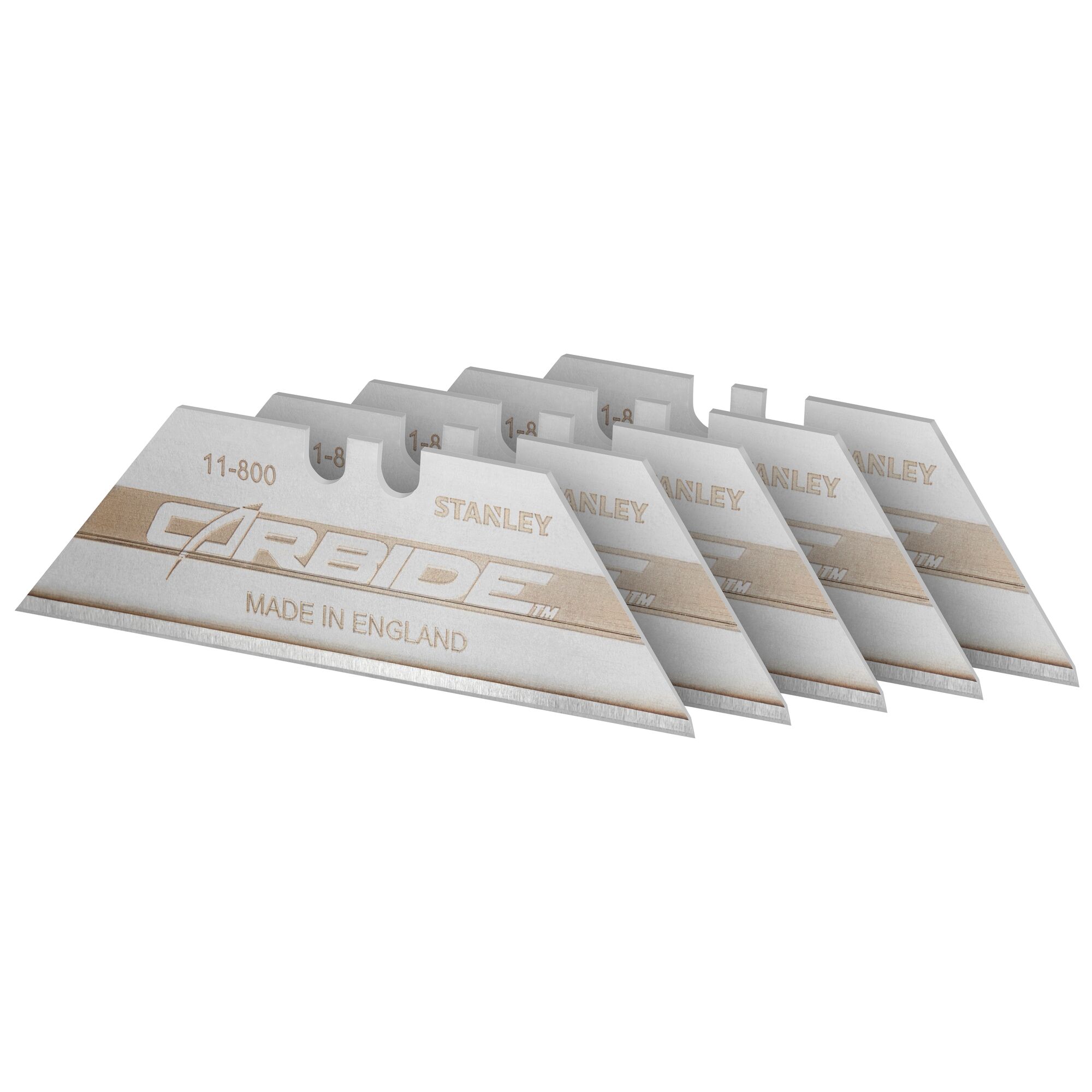 Lames de cutter STANLEY 0-11-800, argentées, lot de cinq, vue en angle, logo CARBIDE visible.